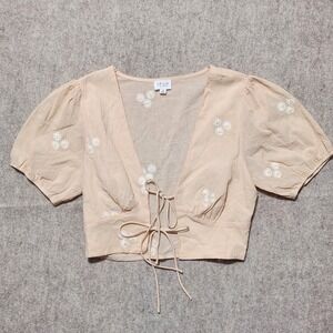Le Lis Collection Floral Embroidered Tie Front Crop Top Blouse - Size S